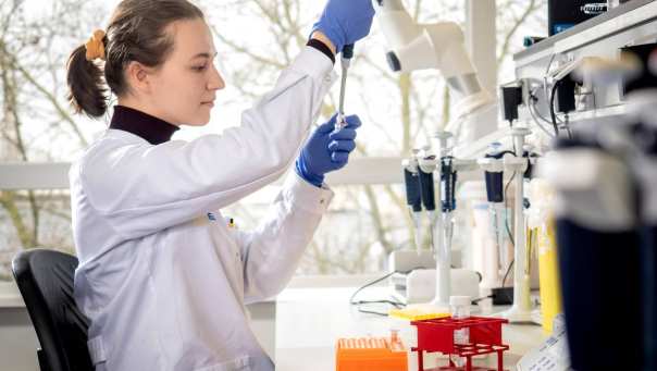 Master molecular life sciences. Elena Krivosheeva in het laboratorum met pipet.