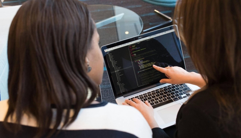 Two students in Bioinformatics working with a laptop.